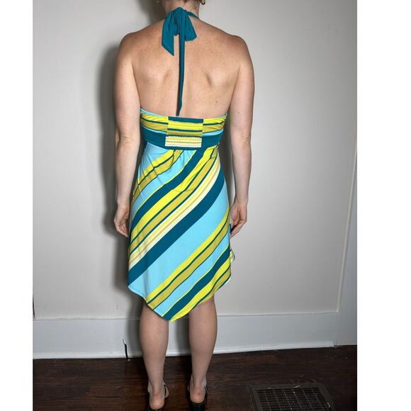 Wild Fable Teal & Yellow Striped Halter A-Line Dress Handkerchief Hem Sz XS - Picture 3 of 4